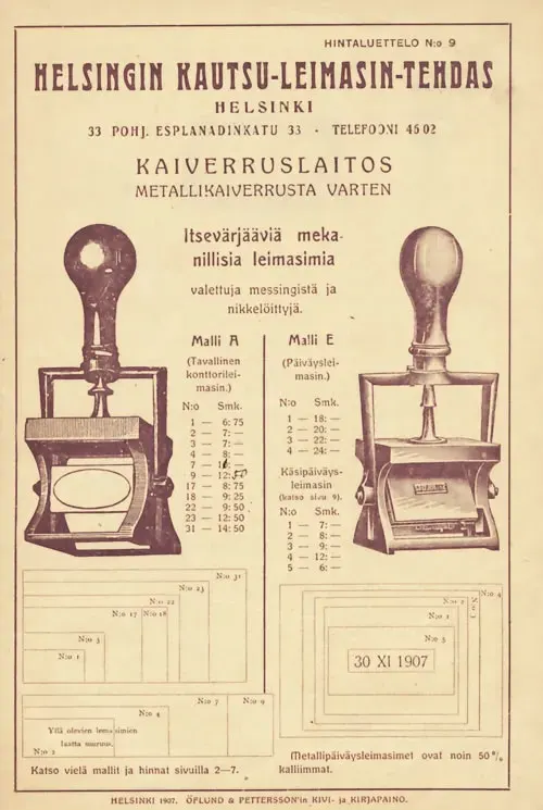 Price list of Helsingin Kautsu- ja Leimasintehdas from 1907